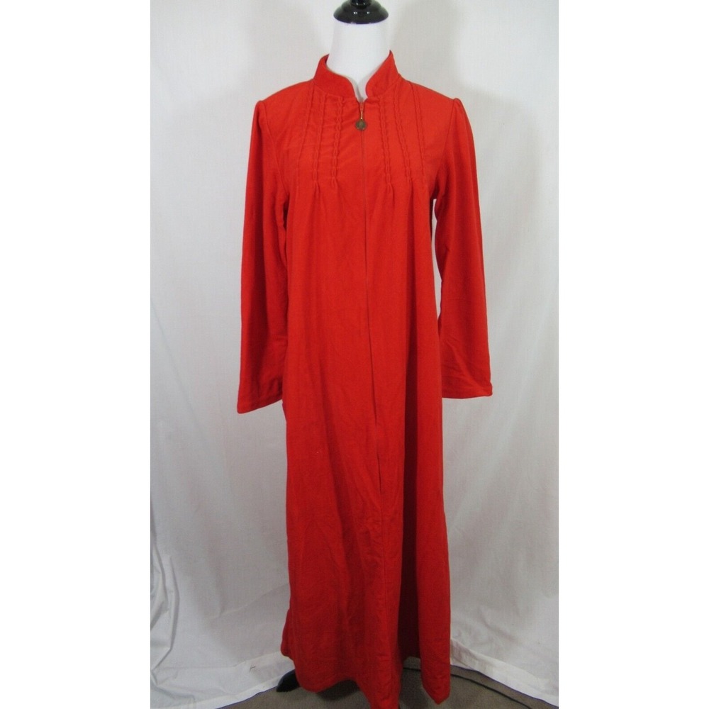 Vintage 70s Velour Robe Women Medium Red Velvet Zip Up